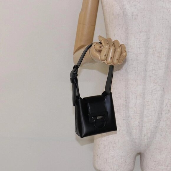 Salvatore Ferragamo Gancini Hand Bag Leather Black Silver Auth - Picture 1 of 16